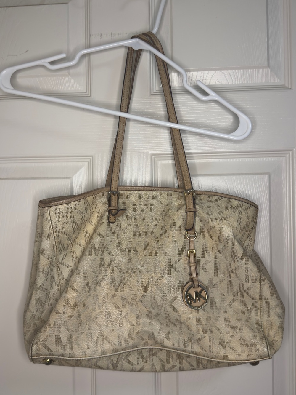Michael Kors Cream and Tan Logo Tote with Gold Hardware